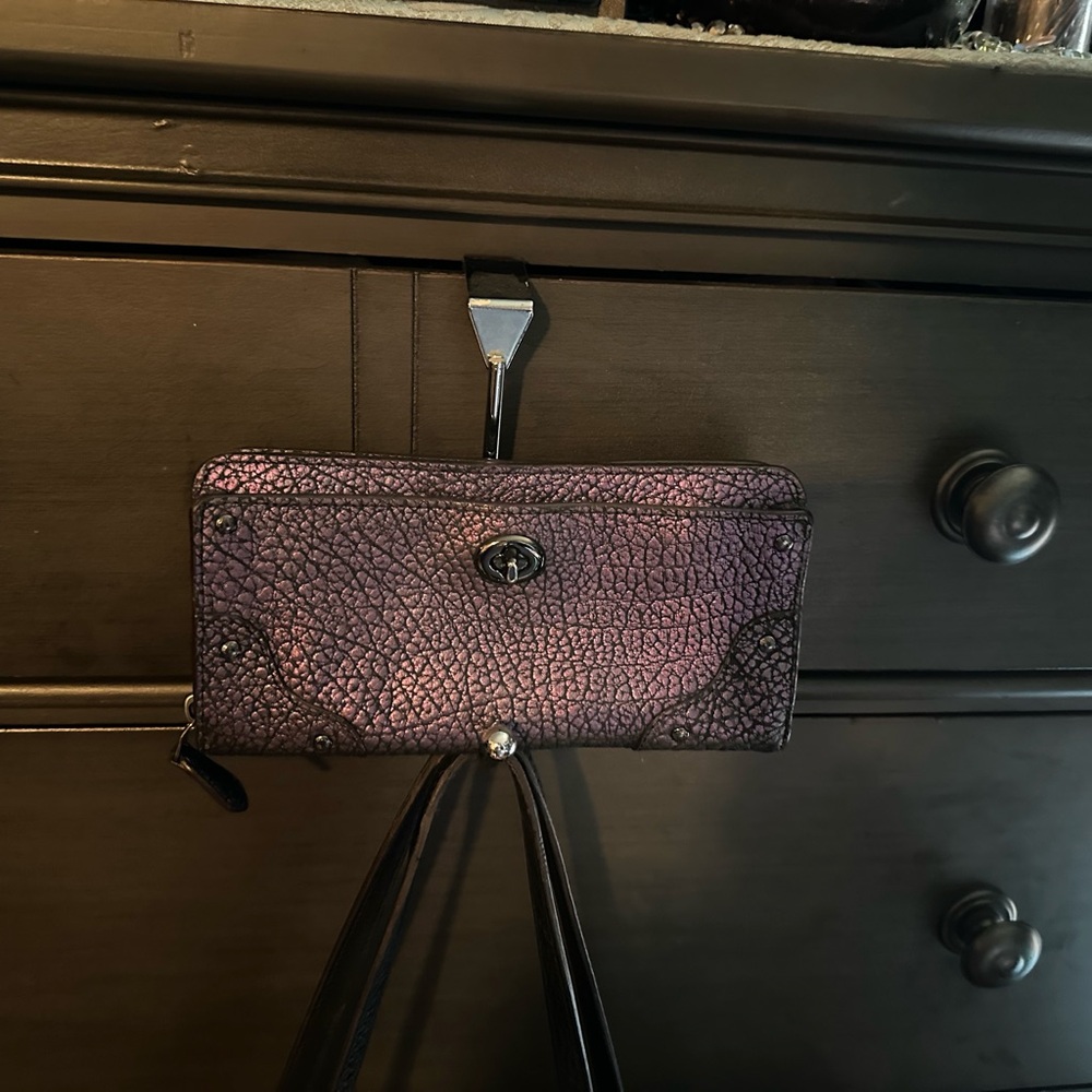 Coach, metallic, iridescent oil slick, hologram, wallet